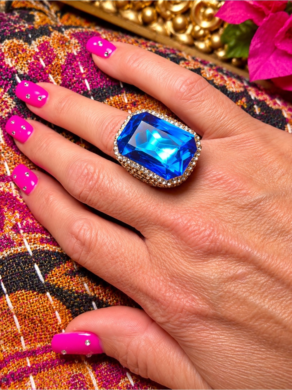 Electric Blue Rhinestone Statement Ring